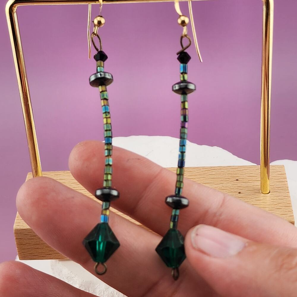 Green Faceted Bead Long Drop Earrings Iridescent Seed Beads Boho Statement